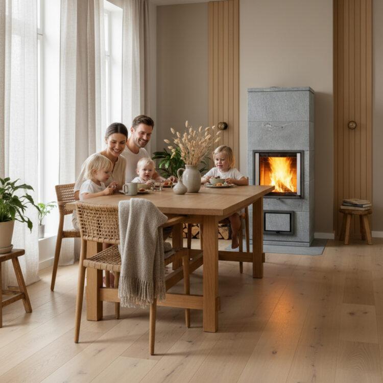 Perheen ruokailuhetki NunnaUunin varaavan takan Gratian äärellä.